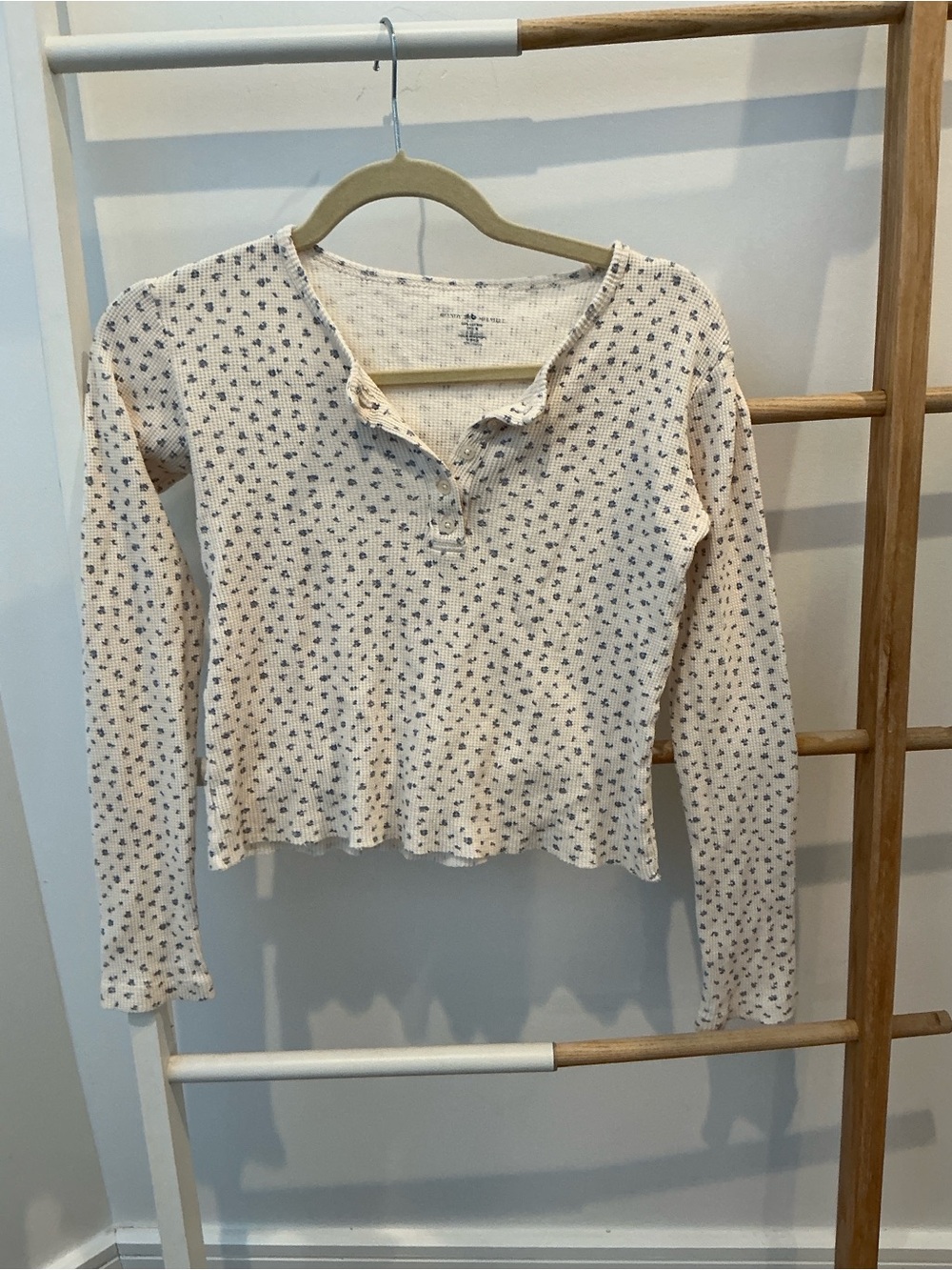 Brandy Melville Cream Long-Sleeve Henley with Blue Micro Floral Print